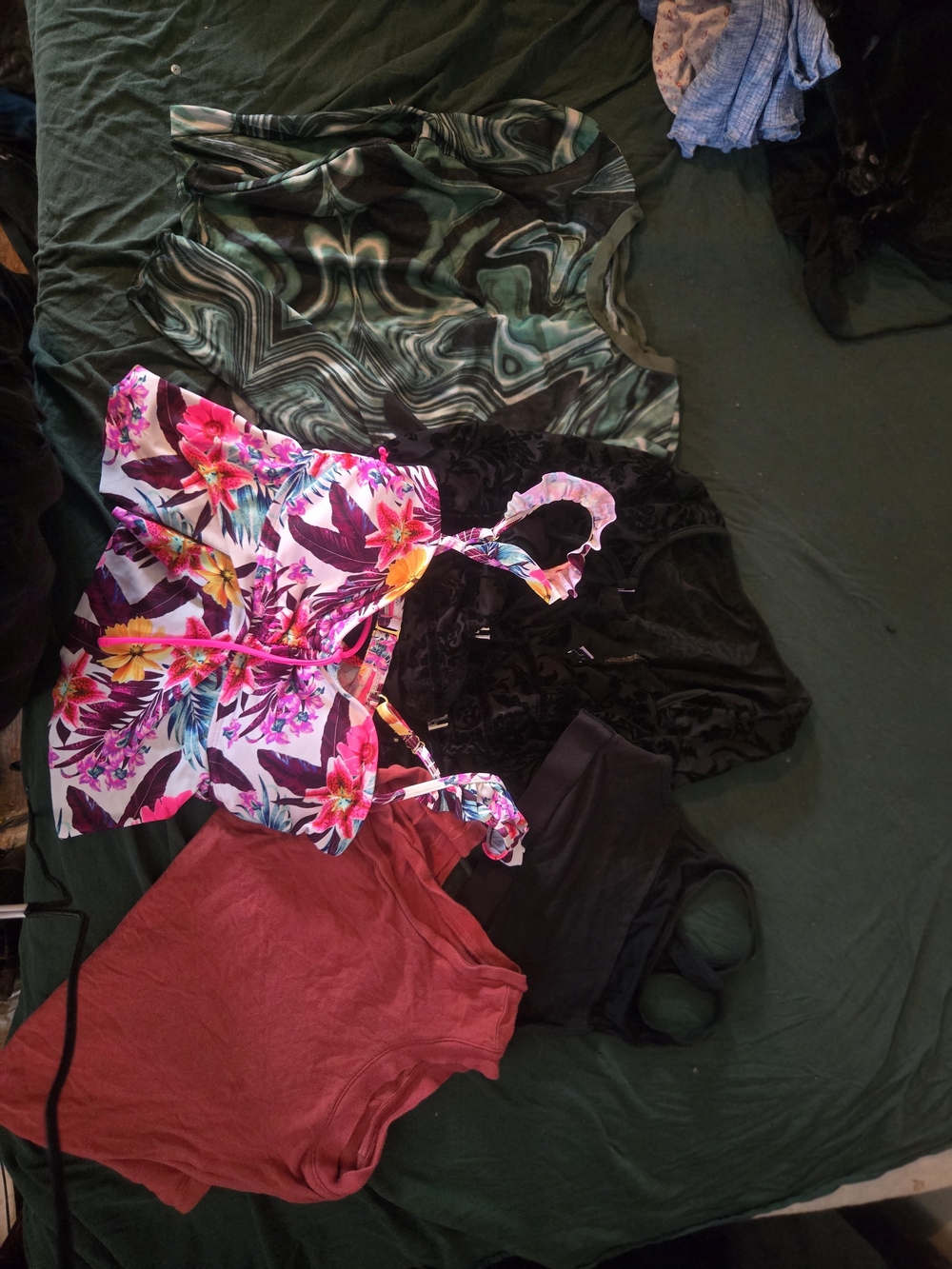 SHEIN Floral Pink Tropical Tank Top with Mixed Black & Green Tops Bundle